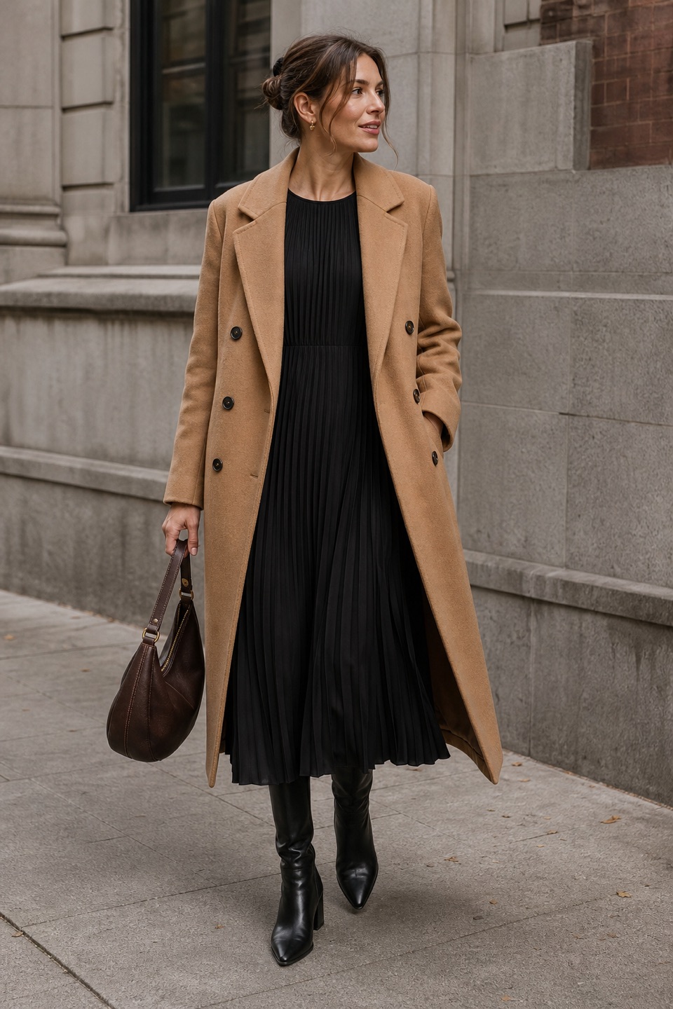 Outfit with Brown Hobo Purses and handbags for Women Satchel Handbag Women Purses, Camel Women's Faux Wool Double-Breasted Trench Coat Structured Fit, Black Knee High Chunky Heel Boots Square Toe Tall Boots for Women curated by @dopasnap