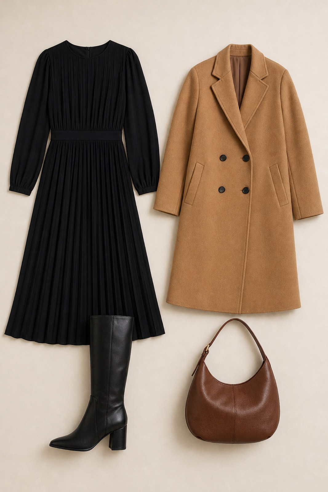 Outfit with Brown Hobo Purses and handbags for Women Satchel Handbag Women Purses, Camel Women's Faux Wool Double-Breasted Trench Coat Structured Fit, Black Knee High Chunky Heel Boots Square Toe Tall Boots for Women curated by @dopasnap