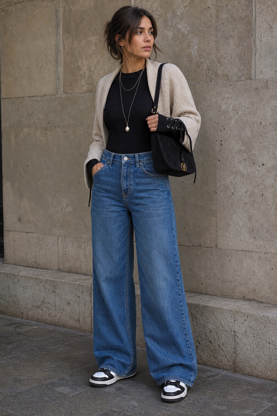 Outfit with Black Lace-Up Sleeve Ribbed Cotton T-Shirt, Blue Wide-Leg High-Waisted Denim Jeans, White and Black Sneaker curated by @dopasnap