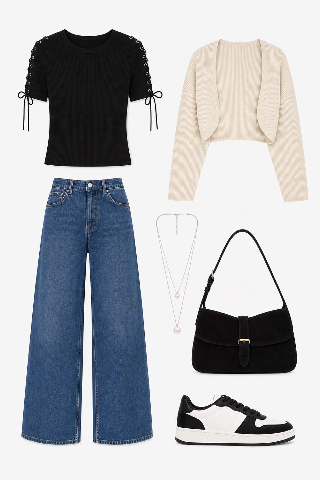 Outfit with Black Lace-Up Sleeve Ribbed Cotton T-Shirt, Blue Wide-Leg High-Waisted Denim Jeans, White and Black Sneaker curated by @dopasnap