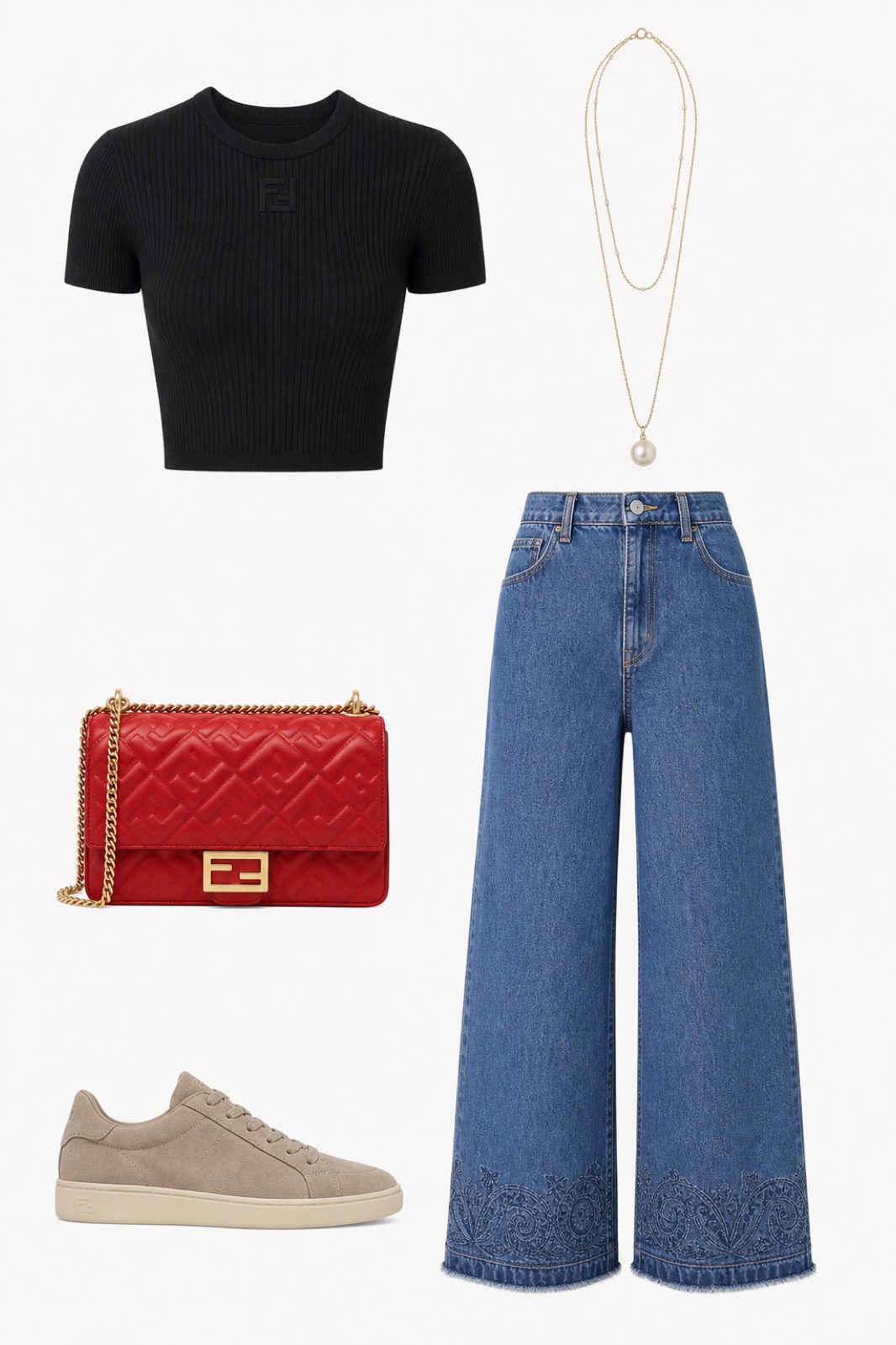 Outfit with Black Cropped Ribbed Tee, Blue High-Waist Wide-Leg Jeans, Suede Low-Top Sneakers curated by @dopasnap
