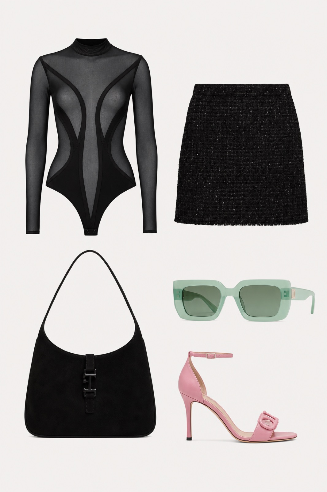Outfit with Black Long-Sleeve Mesh Bodysuit, Black Tweed Mini Skirt, Pink Heel Sandal curated by @dopasnap