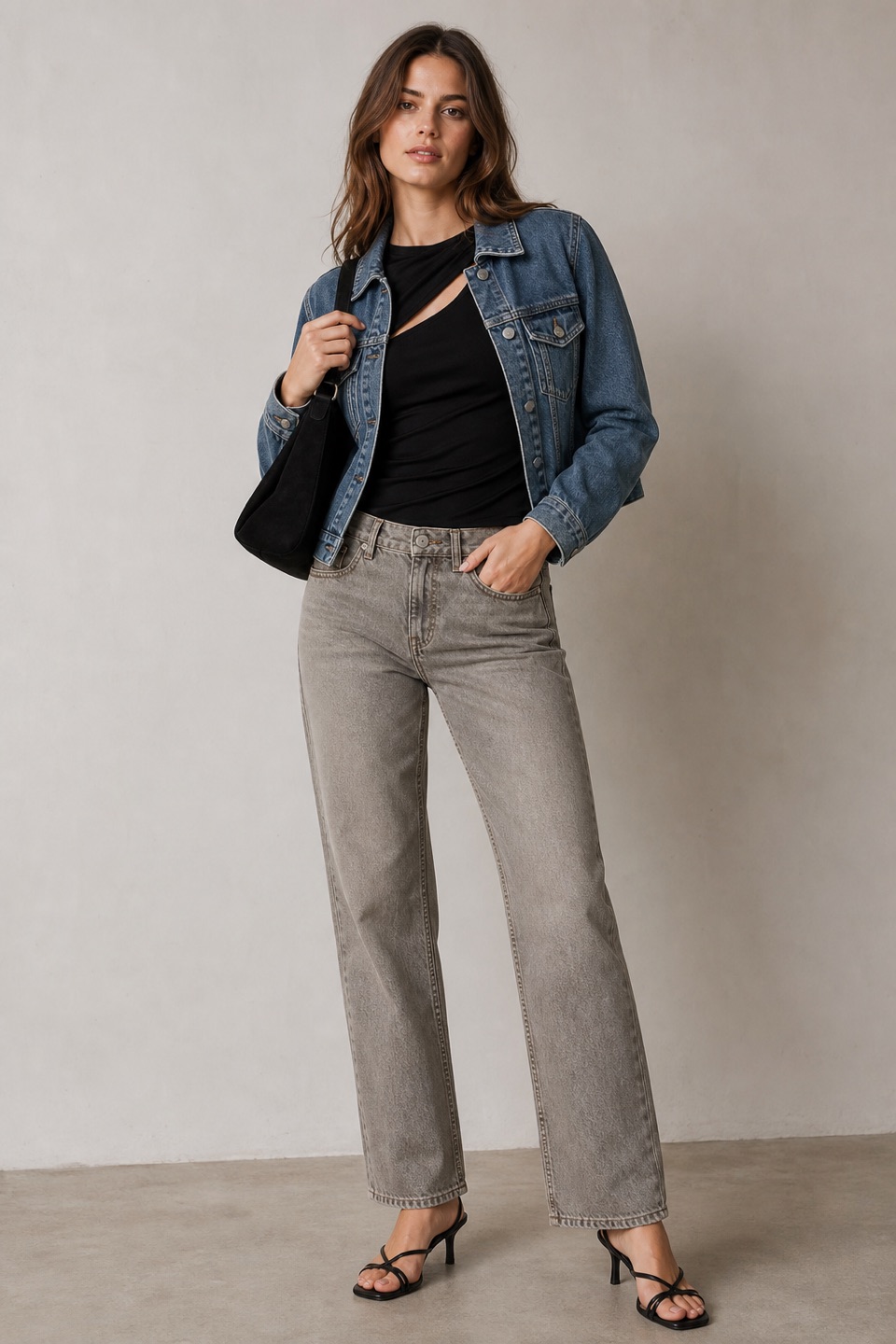 Outfit with Black Asymmetric Cut-Out Viscose Blouse, Straight-Leg Jeans, Cropped Denim Jacket curated by @dopasnap