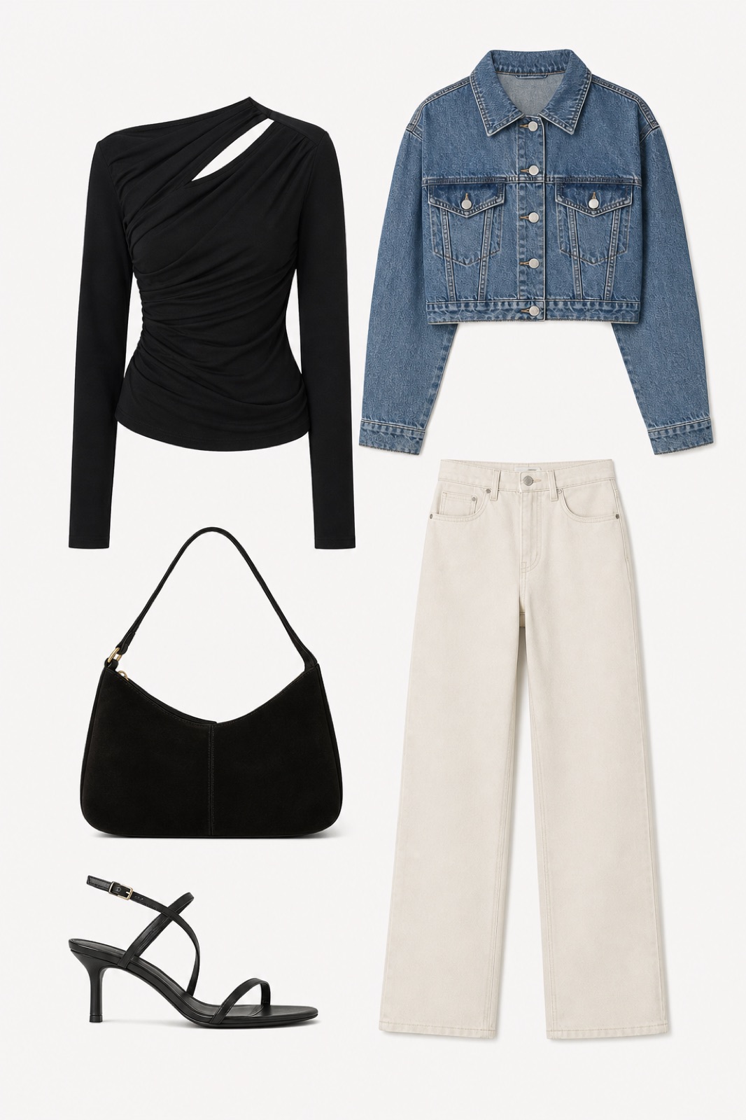 Outfit with Black Asymmetric Cut-Out Viscose Blouse, Straight-Leg Jeans, Cropped Denim Jacket curated by @dopasnap