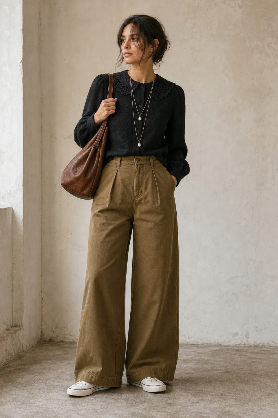 Outfit with Black Lace-Collar Blouse, Bronze Wide-Leg Trousers, White Canvas Low-Top Sneakers curated by @dopasnap