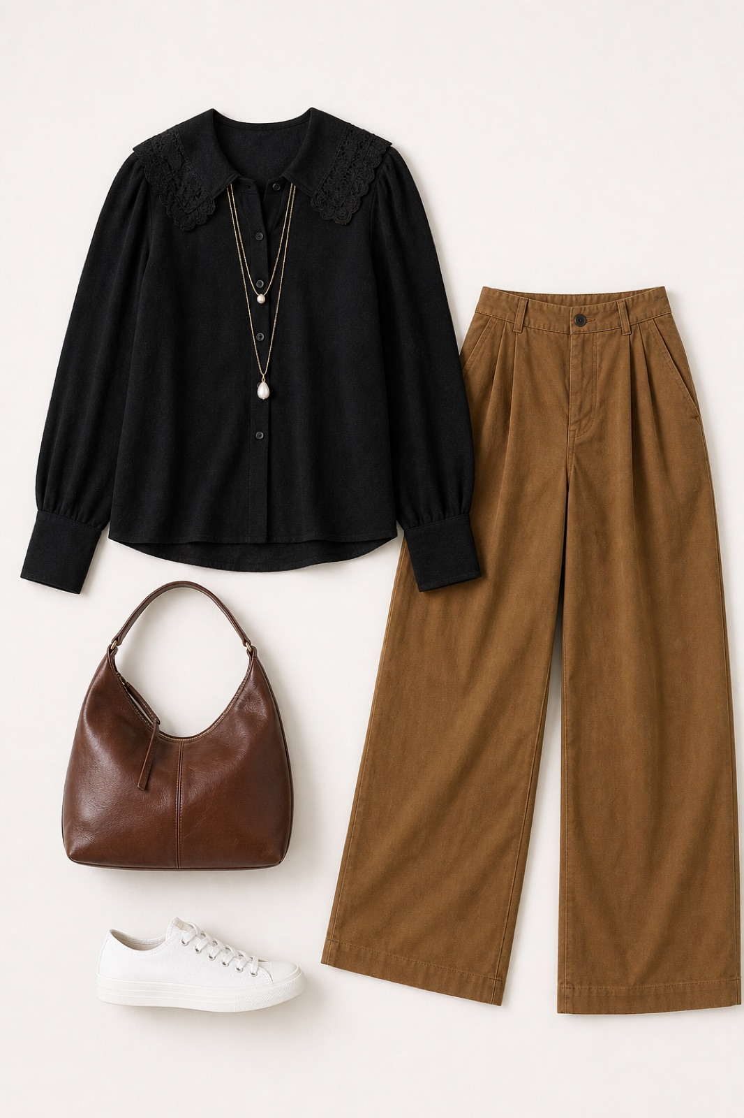 Outfit with Black Lace-Collar Blouse, Bronze Wide-Leg Trousers, White Canvas Low-Top Sneakers curated by @dopasnap