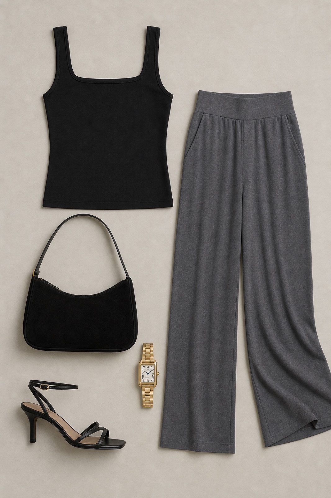 Outfit with black square neck tank top, Gray 2-pack high-waist wide-leg lounge pants, Black strappy leather heel sandals curated by @dopasnap