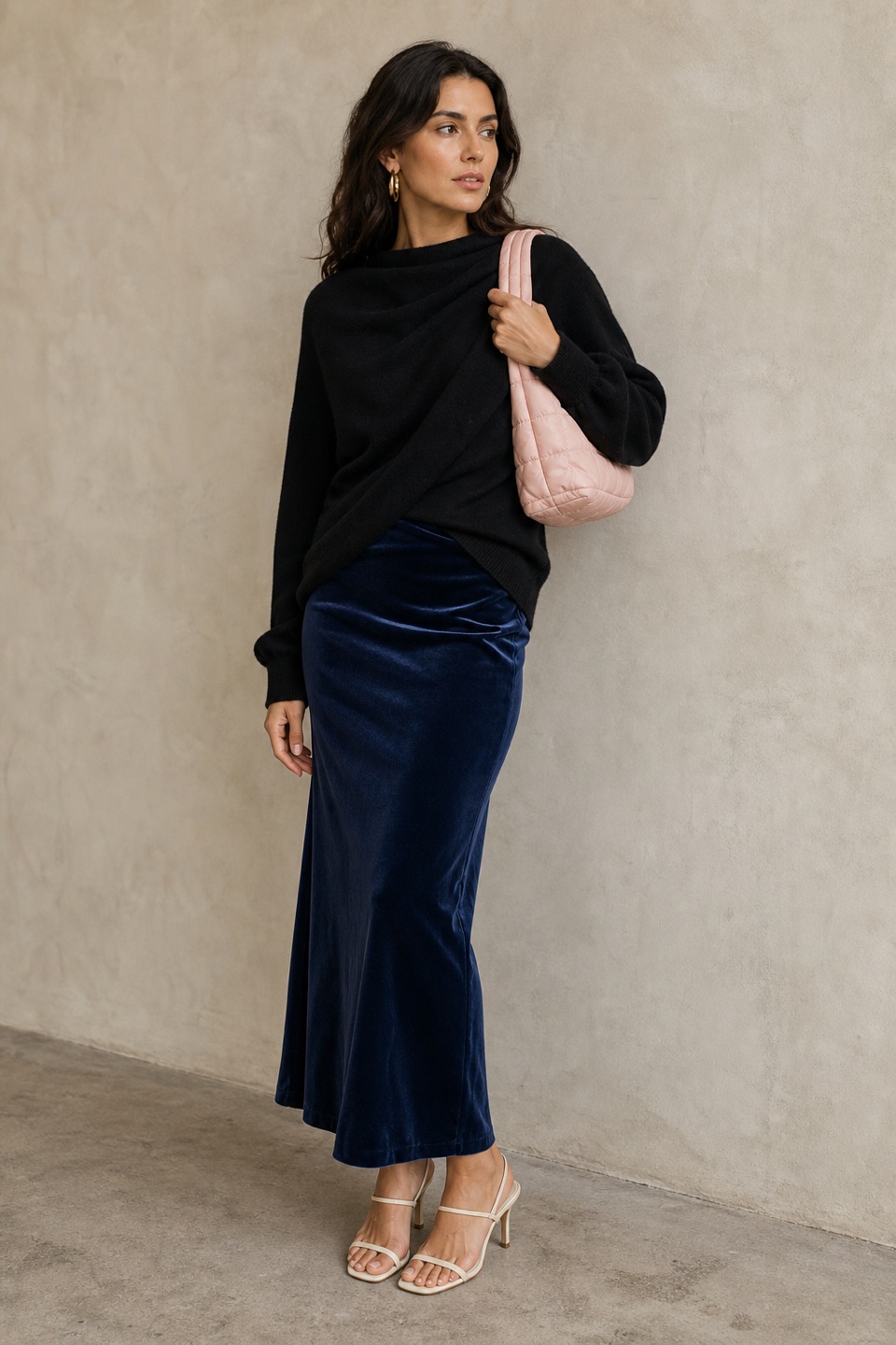 Outfit with Black Draped Wool Sweater, Blue Velvet Skirt, Cream Strappy Heeled Sandals curated by @dopasnap