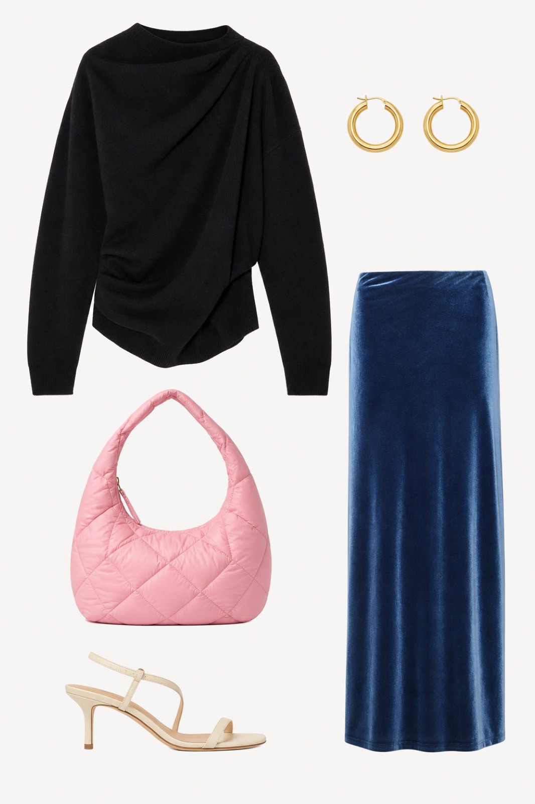 Outfit with Black Draped Wool Sweater, Blue Velvet Skirt, Cream Strappy Heeled Sandals curated by @dopasnap