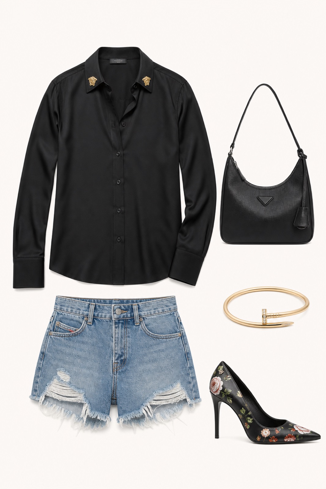 Outfit with Black Embellished Silk Shirt, Blue Distressed Denim Shorts, Black Floral-Print Pumps curated by @dopasnap