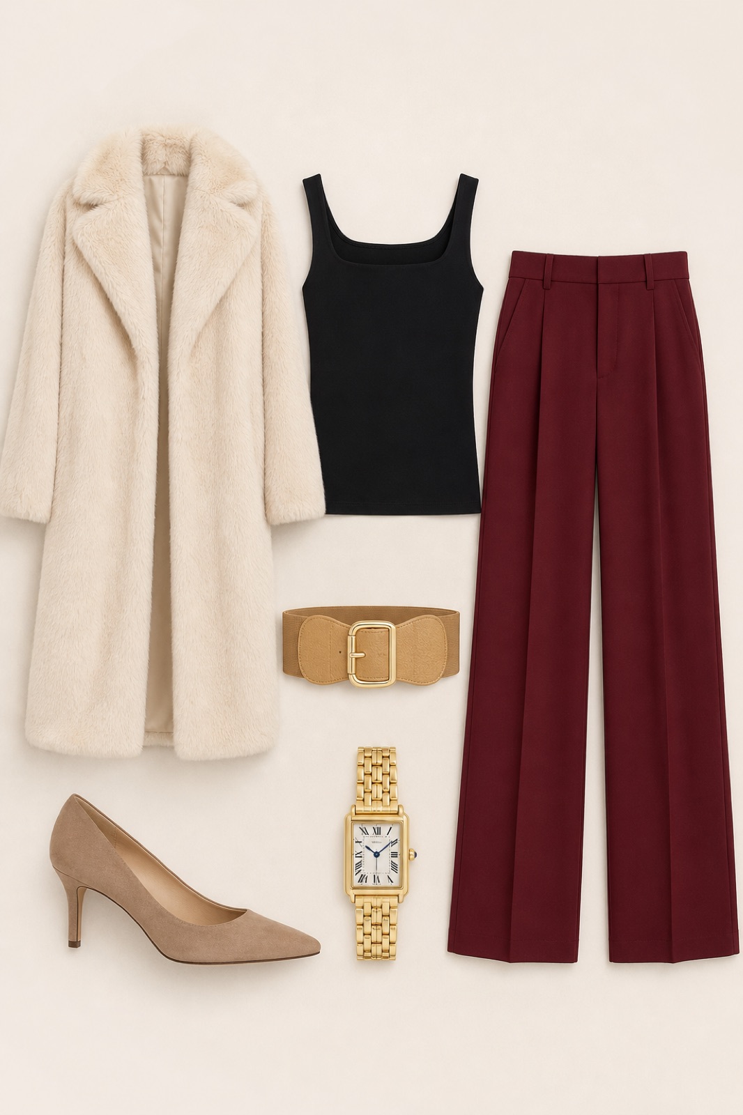 Outfit with black square neck tank top, Gold rectangular face link bracelet watch with Roman numerals, Women's Smash Taupe Suede curated by @dopasnap
