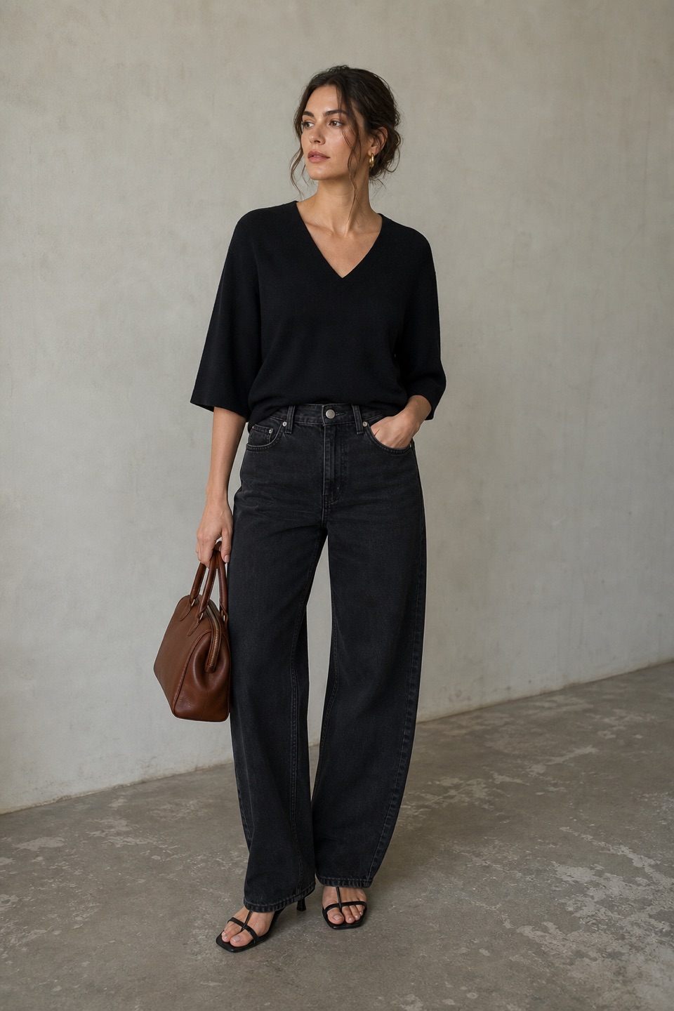 Outfit with Black Wool V-Neck Blouse, Black High-Waist Jeans, Black Strappy Heeled Sandals curated by @dopasnap