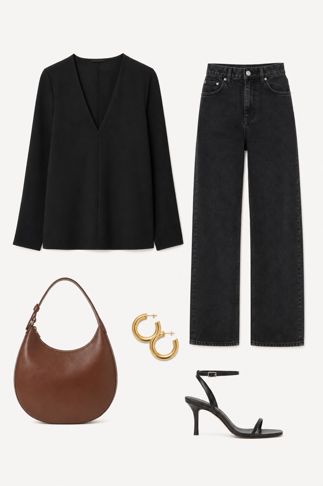 Outfit with Black Wool V-Neck Blouse, Black High-Waist Jeans, Black Strappy Heeled Sandals curated by @dopasnap
