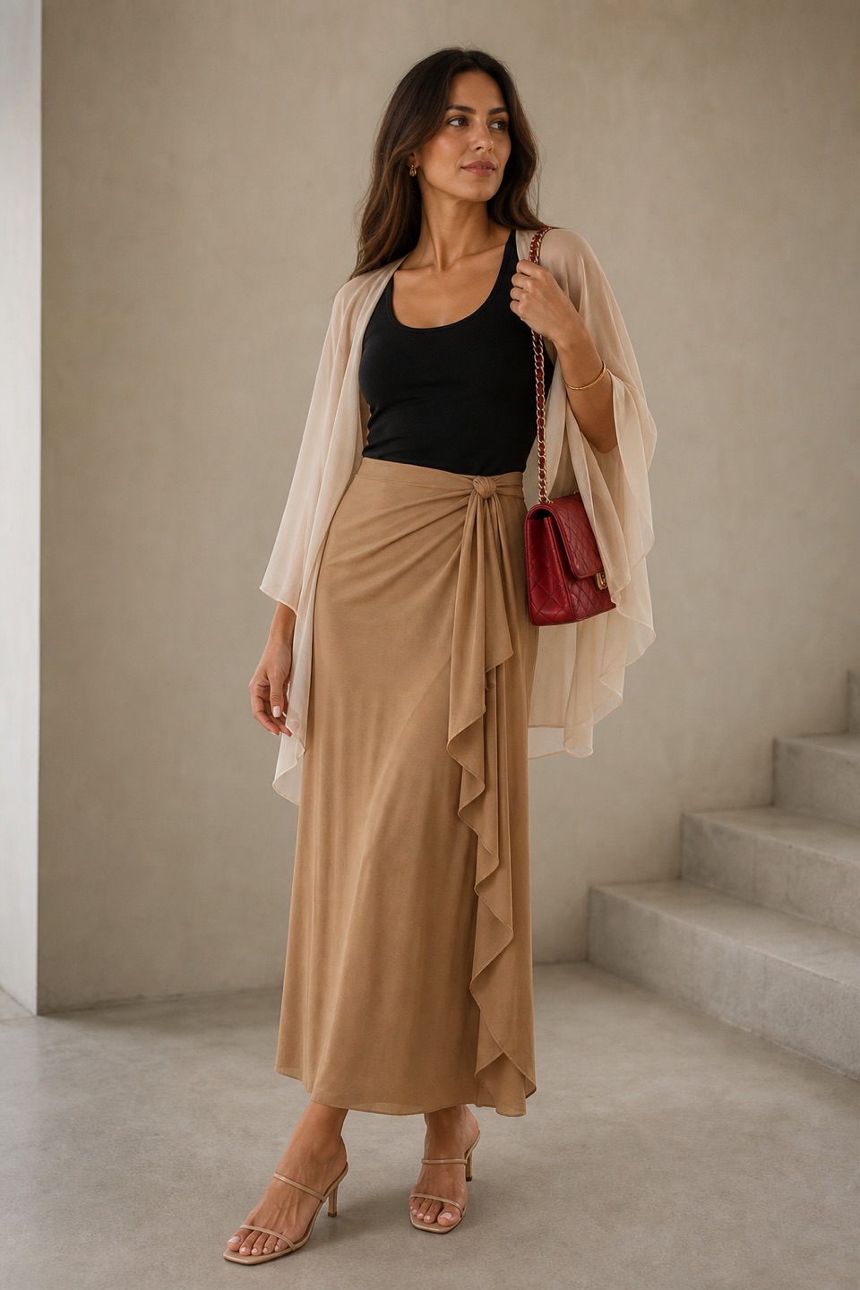 Outfit with Black Tank Top, Tan Tie-Waist Skirt, Strappy Heeled Sandals curated by @dopasnap