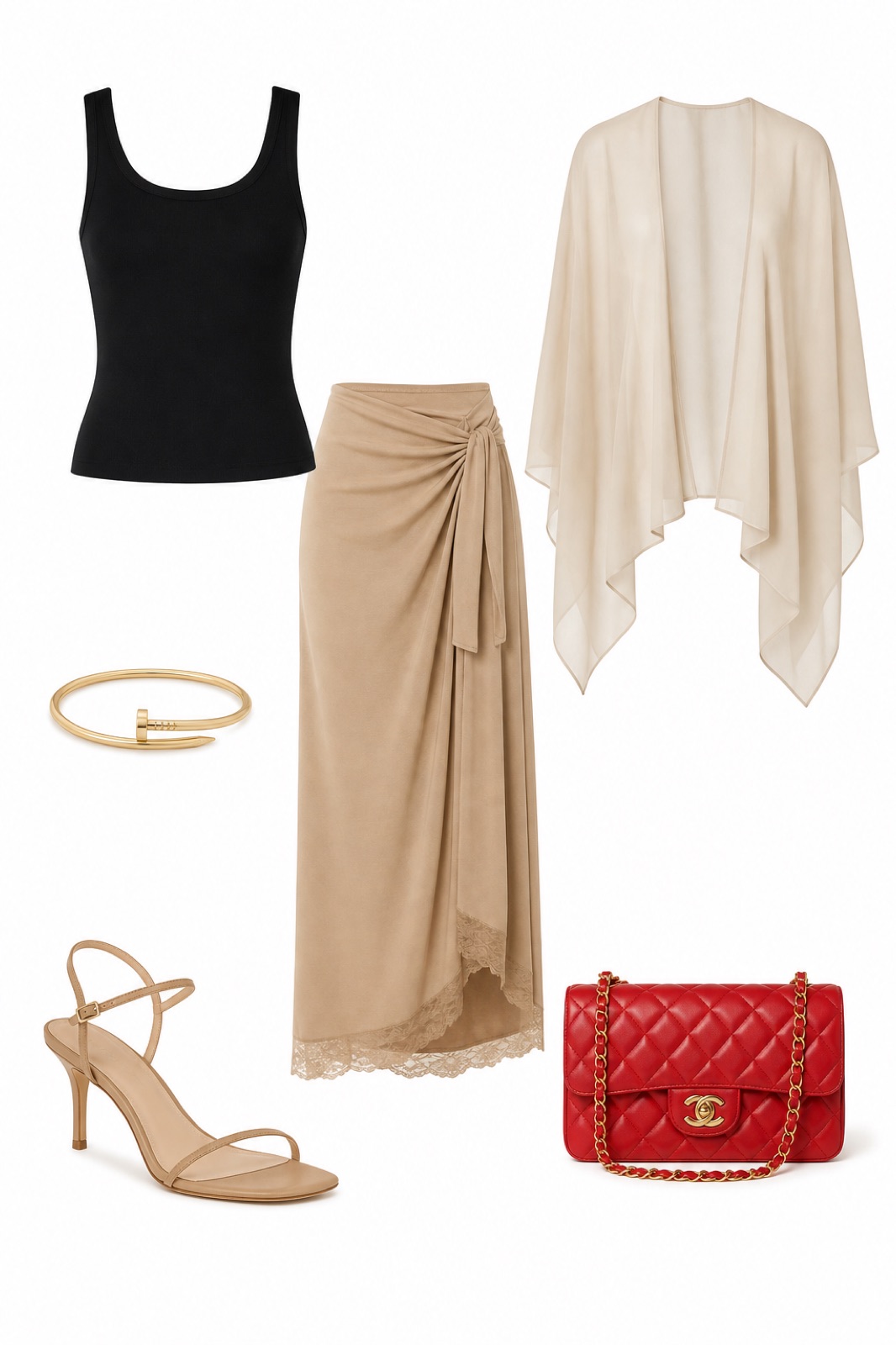 Outfit with Black Tank Top, Tan Tie-Waist Skirt, Strappy Heeled Sandals curated by @dopasnap
