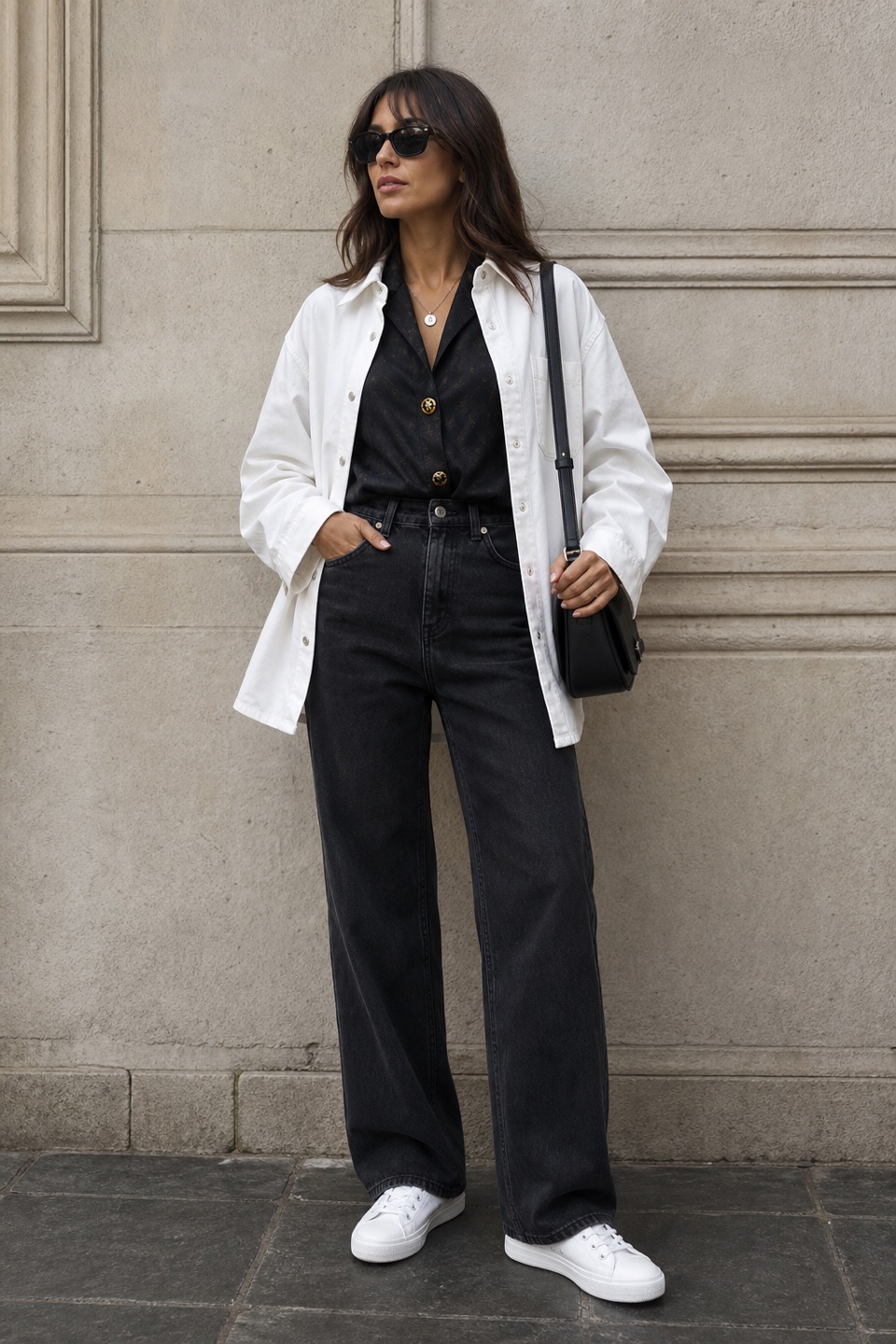 Outfit with Black Embellished Silk Shirt, Black High-Waist Denim Jeans, White canvas low-top sneaker curated by @dopasnap