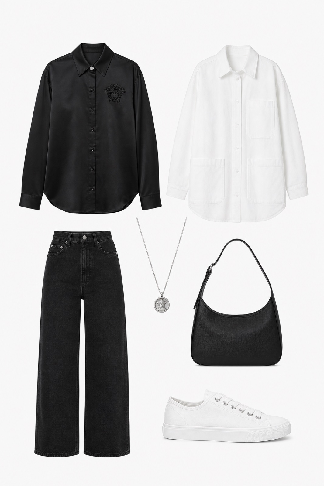 Outfit with Black Embellished Silk Shirt, Black High-Waist Denim Jeans, White canvas low-top sneaker curated by @dopasnap