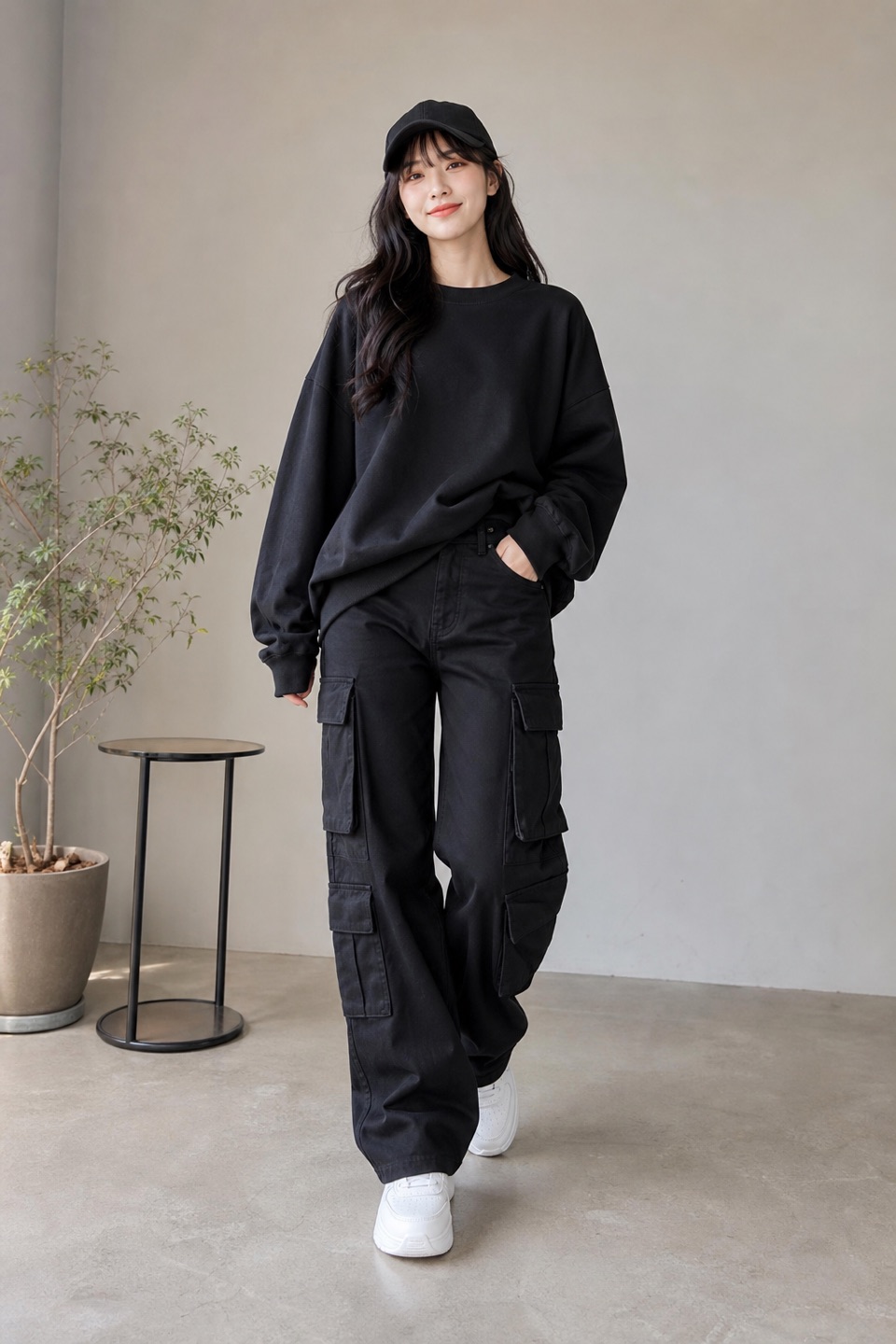 Outfit with Black Sweatshirt Women Oversized Crewneck Graphic Hoodies Pullover, Cargo Pants for Women High Waisted Casual Pants Baggy Stretchy Wide, KB-Low BLK Classic Cotton Dad Hat Adjustable Plain Cap. Polo Style curated by @dopasnap
