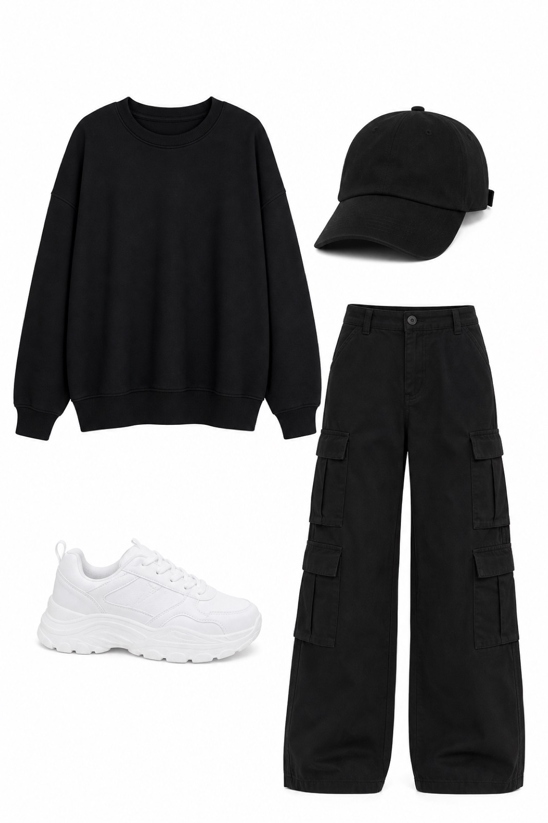 Outfit with Black Sweatshirt Women Oversized Crewneck Graphic Hoodies Pullover, Cargo Pants for Women High Waisted Casual Pants Baggy Stretchy Wide, KB-Low BLK Classic Cotton Dad Hat Adjustable Plain Cap. Polo Style curated by @dopasnap