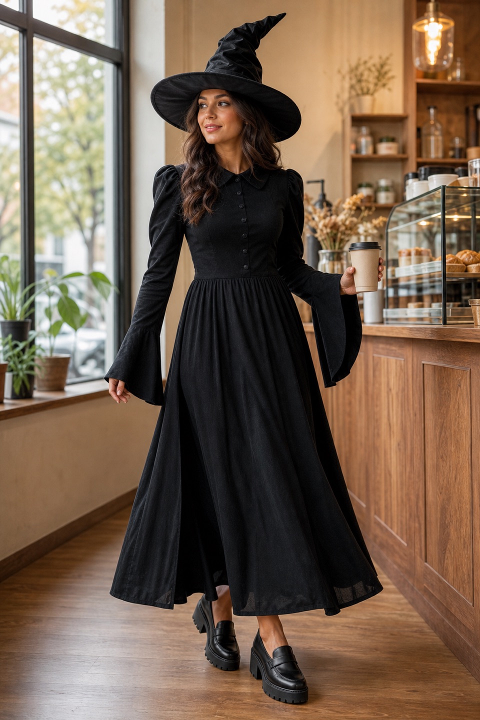 Outfit with Black Womens Loafers Platform Chunky Penny Loafer Office Business, Women's Wicked Witch Costume, Halloween Deluxe Classic Witchy Dress, Women's Black Witch Hat with Ruched Shapeable Wide Brim for Halloween curated by @dopasnap