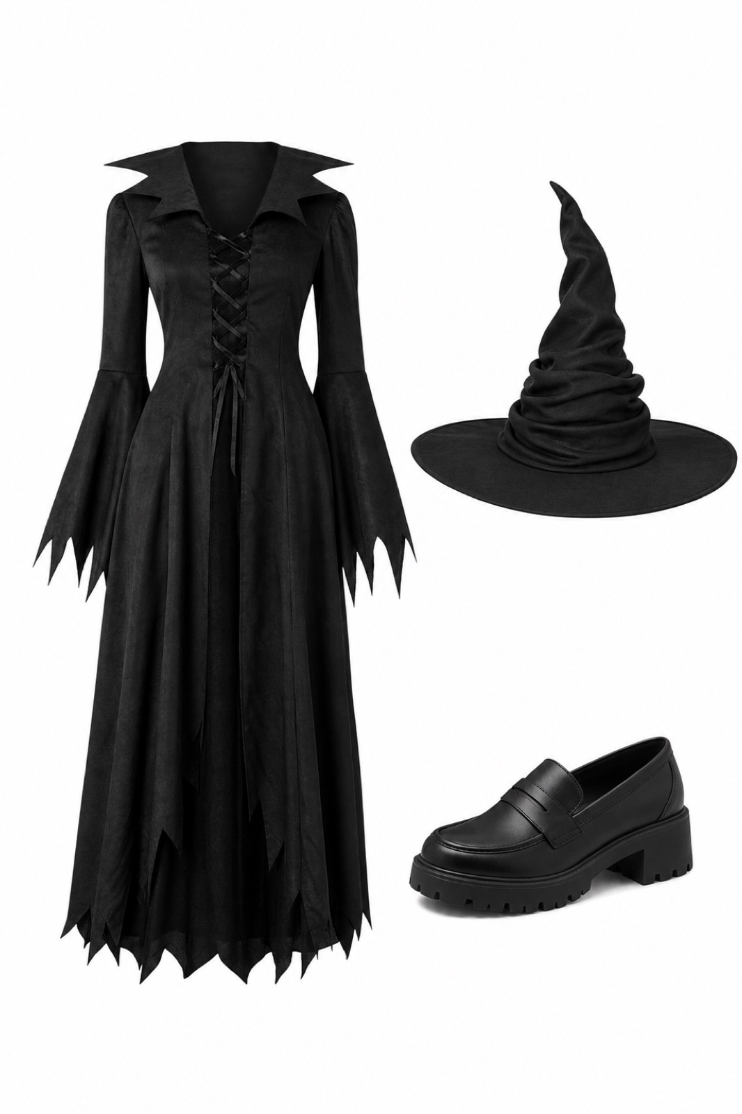 Outfit with Black Womens Loafers Platform Chunky Penny Loafer Office Business, Women's Wicked Witch Costume, Halloween Deluxe Classic Witchy Dress, Women's Black Witch Hat with Ruched Shapeable Wide Brim for Halloween curated by @dopasnap