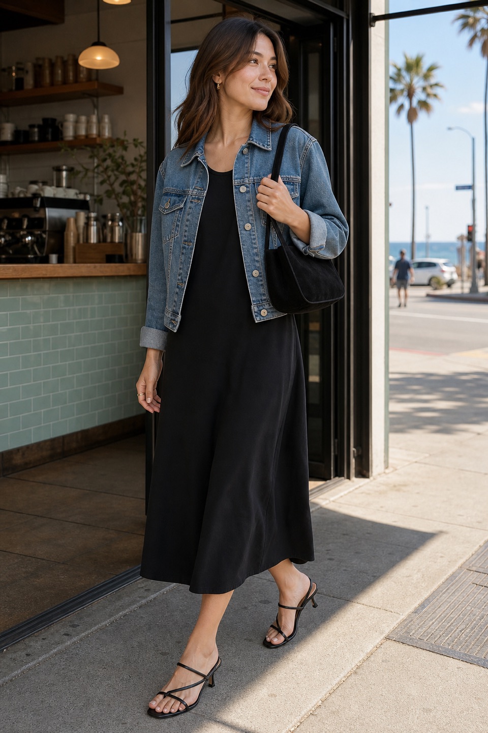 Outfit with Black Dress, Cropped Denim Jacket, Black strappy leather heel sandals curated by @dopasnap