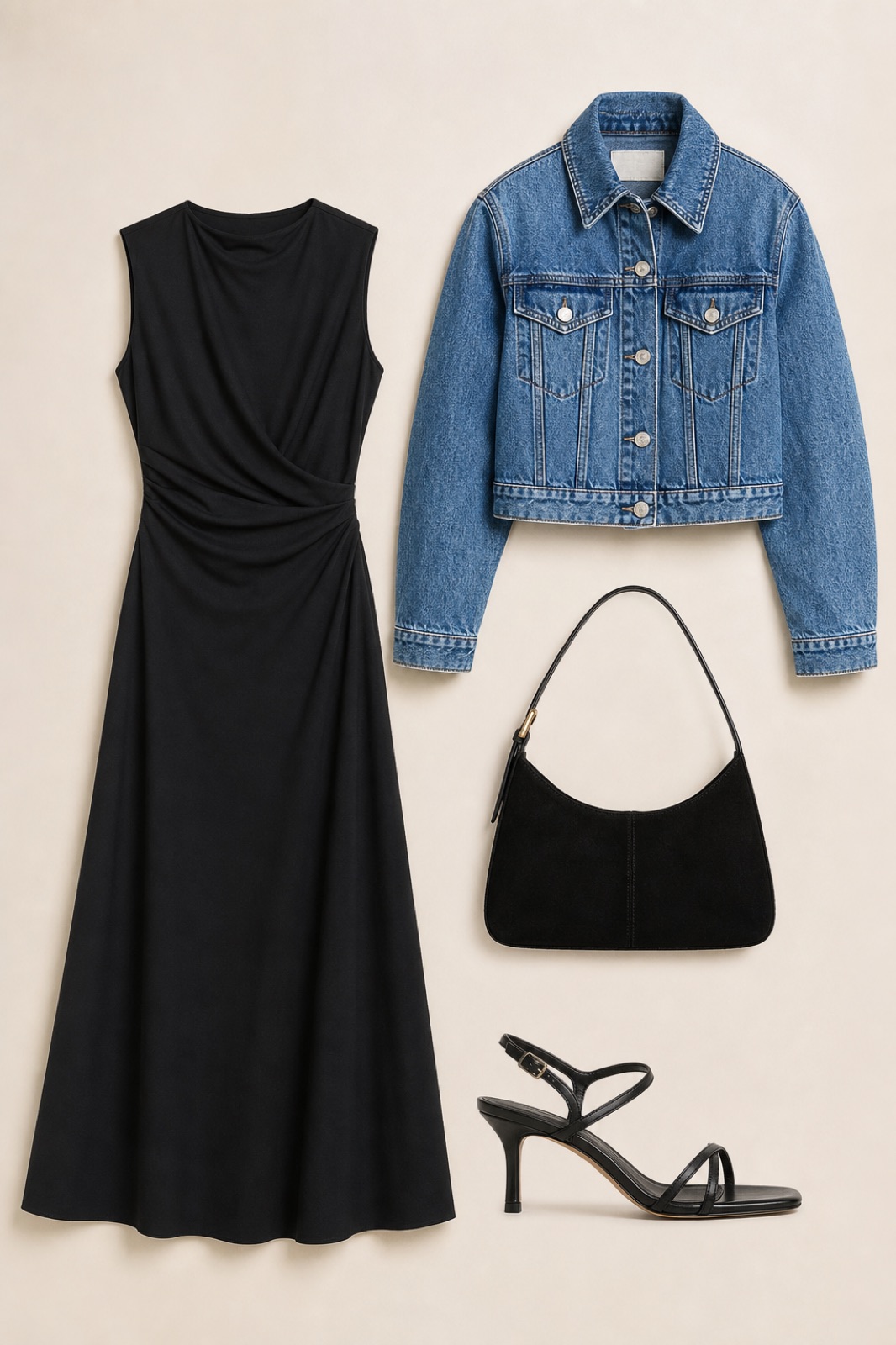 Outfit with Black Dress, Cropped Denim Jacket, Black strappy leather heel sandals curated by @dopasnap