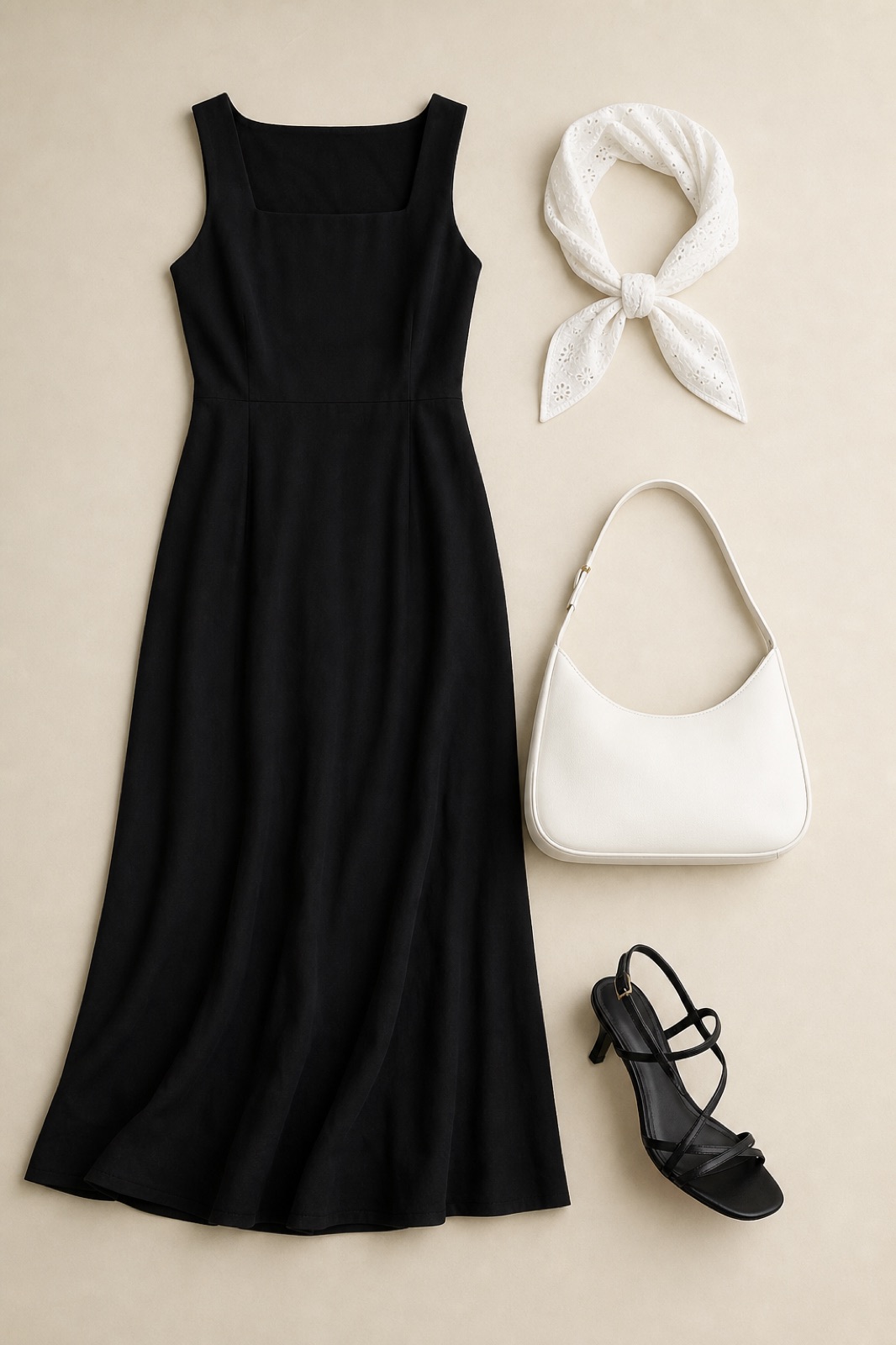 Outfit with Black Dress, Black strappy leather heel sandals, White Shoulder Bag curated by @dopasnap