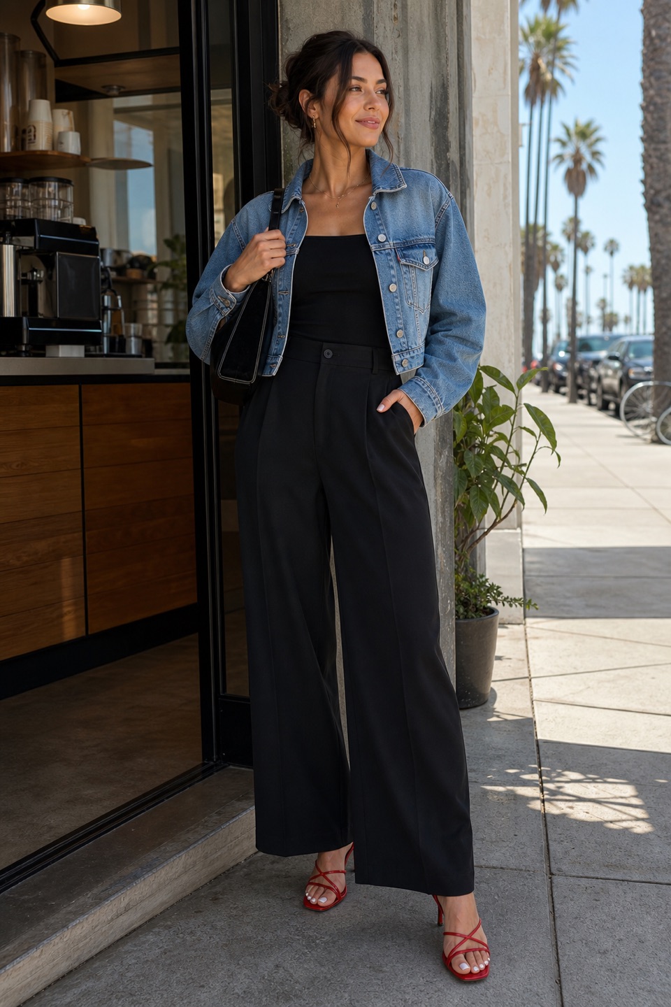 Outfit with black square neck tank top, black high-waist wide-leg pants, Cropped Denim Jacket curated by @dopasnap