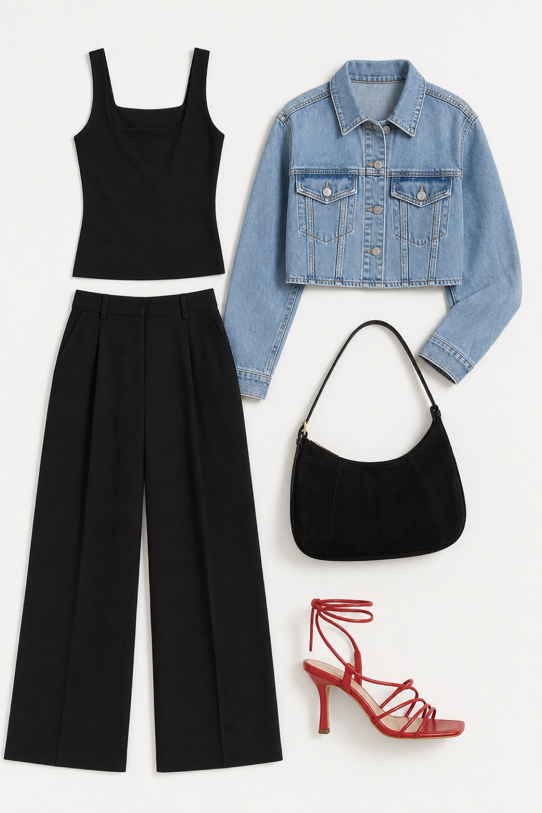 Outfit with black square neck tank top, black high-waist wide-leg pants, Cropped Denim Jacket curated by @dopasnap
