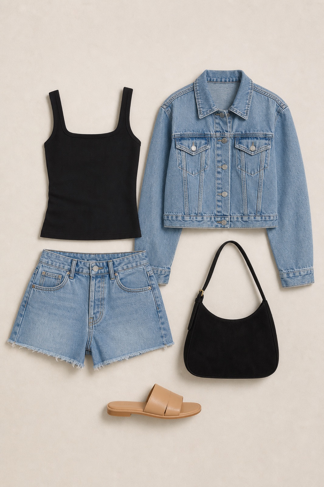Outfit with black square neck tank top, Denim Shorts, Cropped Denim Jacket curated by @dopasnap