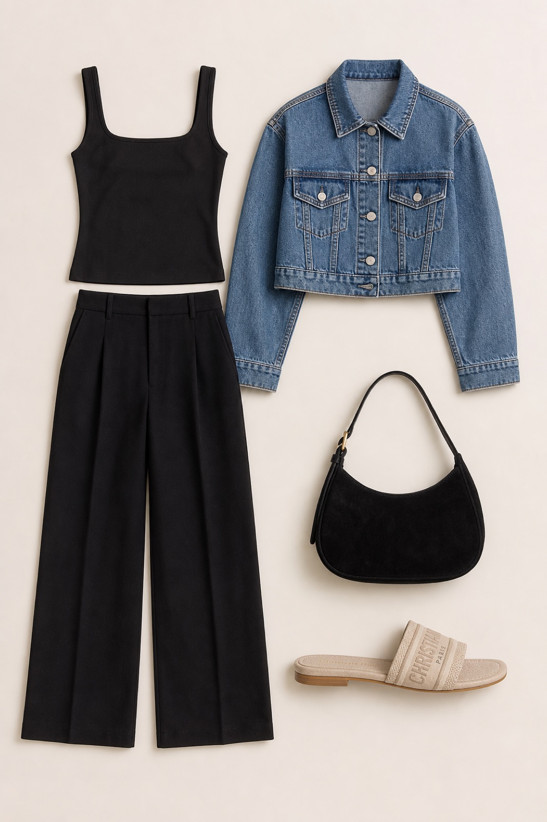 Outfit with black square neck tank top, black high-waist wide-leg pants, Cropped Denim Jacket curated by @dopasnap