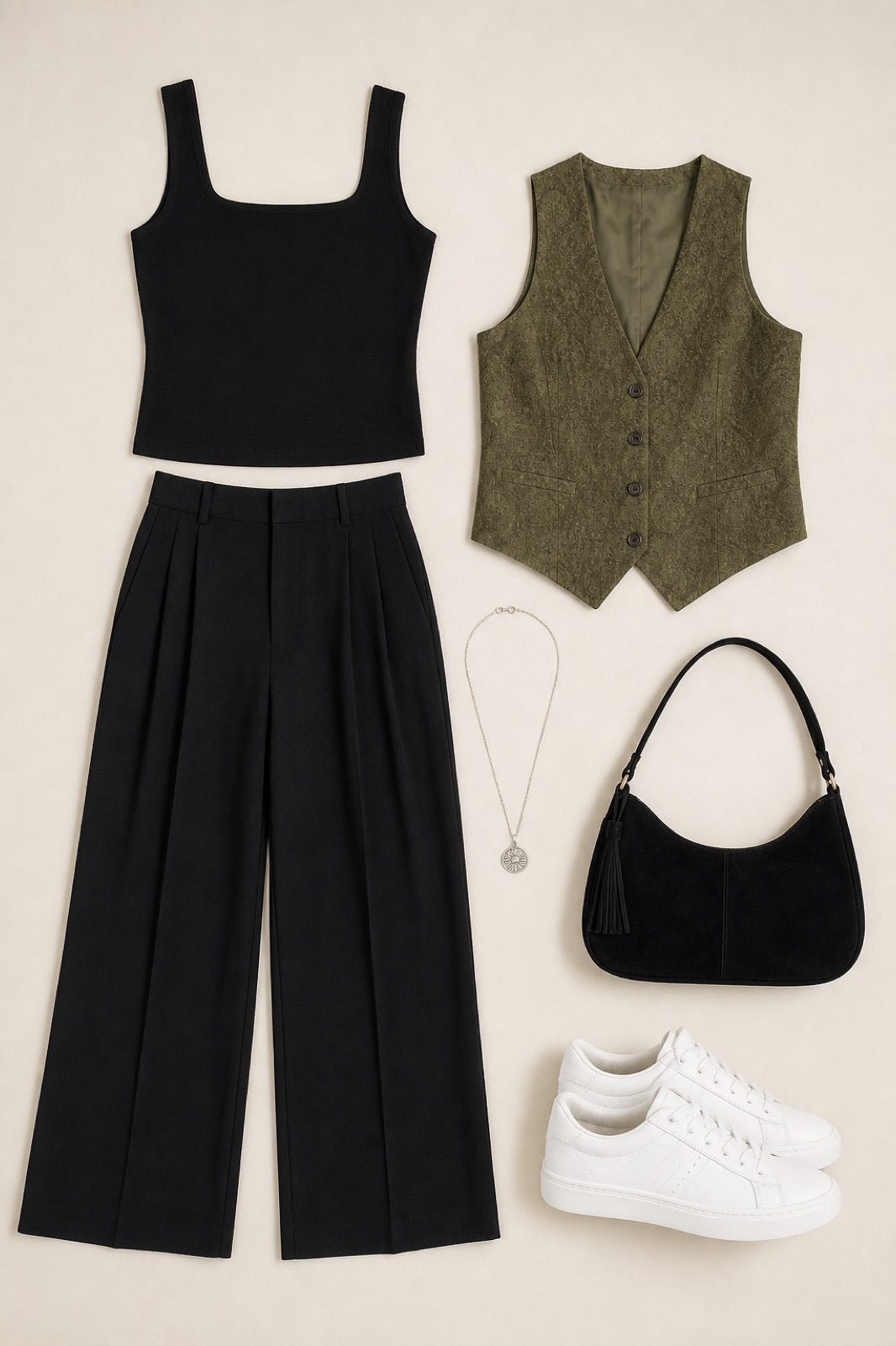 Outfit with black square neck tank top, black high-waist wide-leg pants, Fancy vest Olive green curated by @dopasnap
