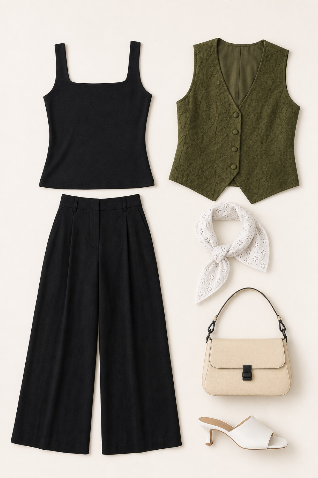 Outfit with black square neck tank top, black high-waist wide-leg pants, Fancy vest Olive green curated by @dopasnap
