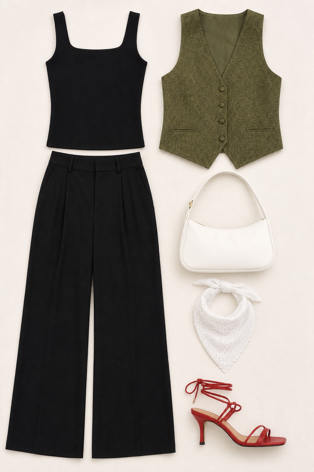 Outfit with black square neck tank top, black high-waist wide-leg pants, Fancy vest Olive green curated by @dopasnap