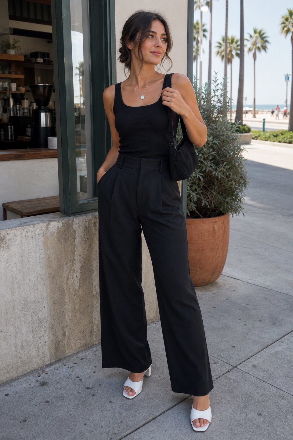 Outfit with black square neck tank top, black tall high-waist wide-leg trousers, White Mule Heels curated by @dopasnap