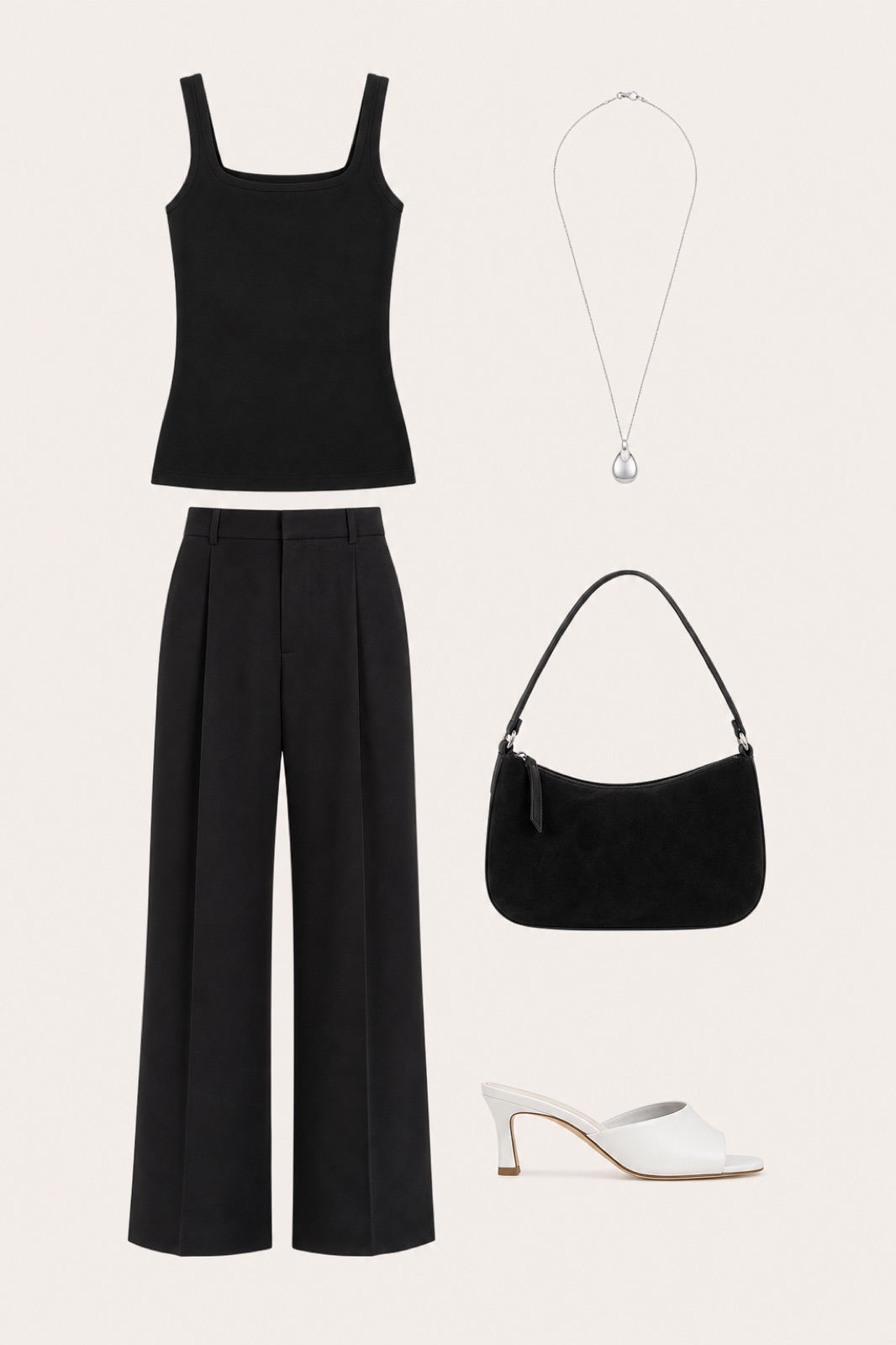 Outfit with black square neck tank top, black tall high-waist wide-leg trousers, White Mule Heels curated by @dopasnap