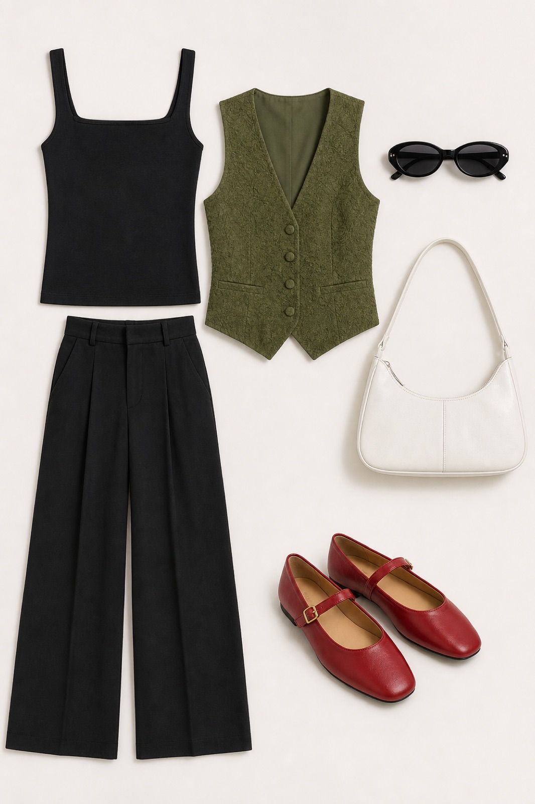 Outfit with black square neck tank top, black tall high-waist wide-leg trousers, Fancy vest Olive green curated by @dopasnap