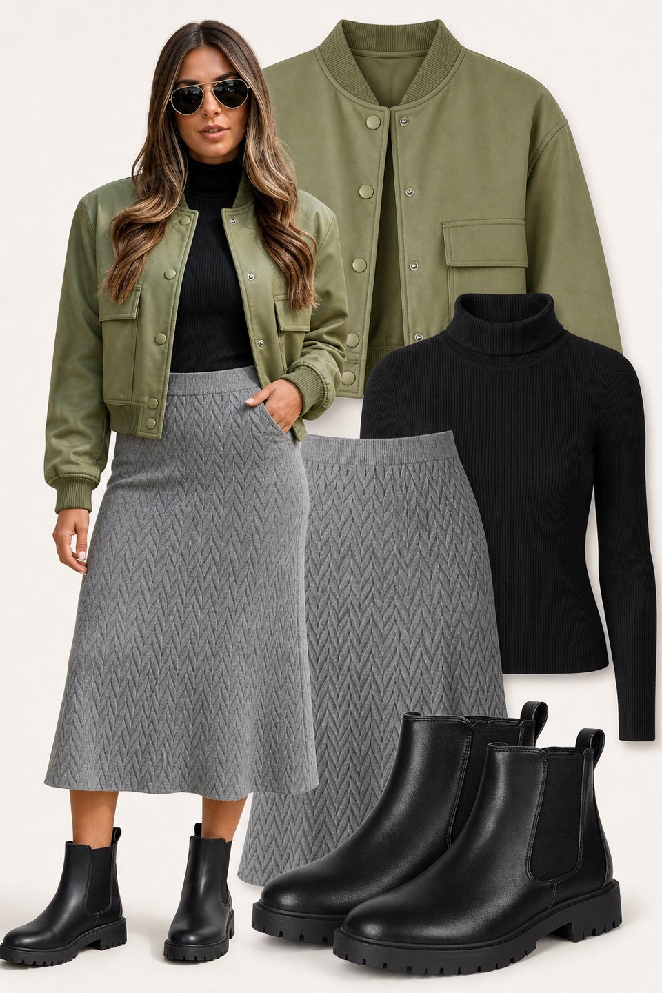 Outfit with Black Women's Chelsea Ankle Boots Shoes, Black Ribbed Turtleneck Women, Women Crop Bomber Jacket Button Down Varsity Jacket Olive Green S curated by @dopasnap