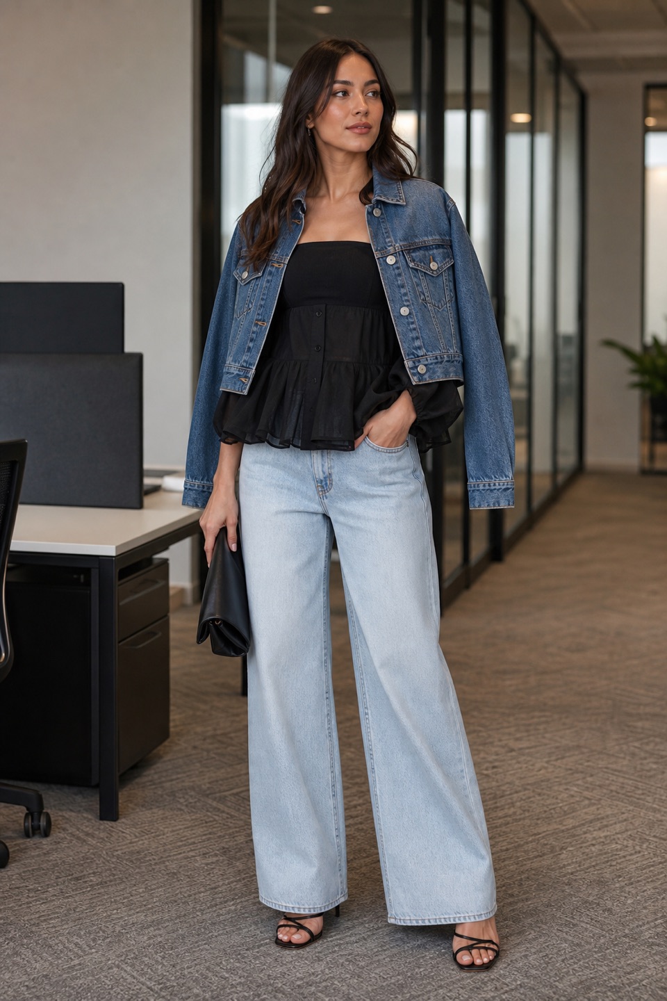 Outfit with Black Peplum Organza Shirt, Light blue black strapless crop top with light wash wide-leg jeans, Cropped Denim Jacket curated by @dopasnap