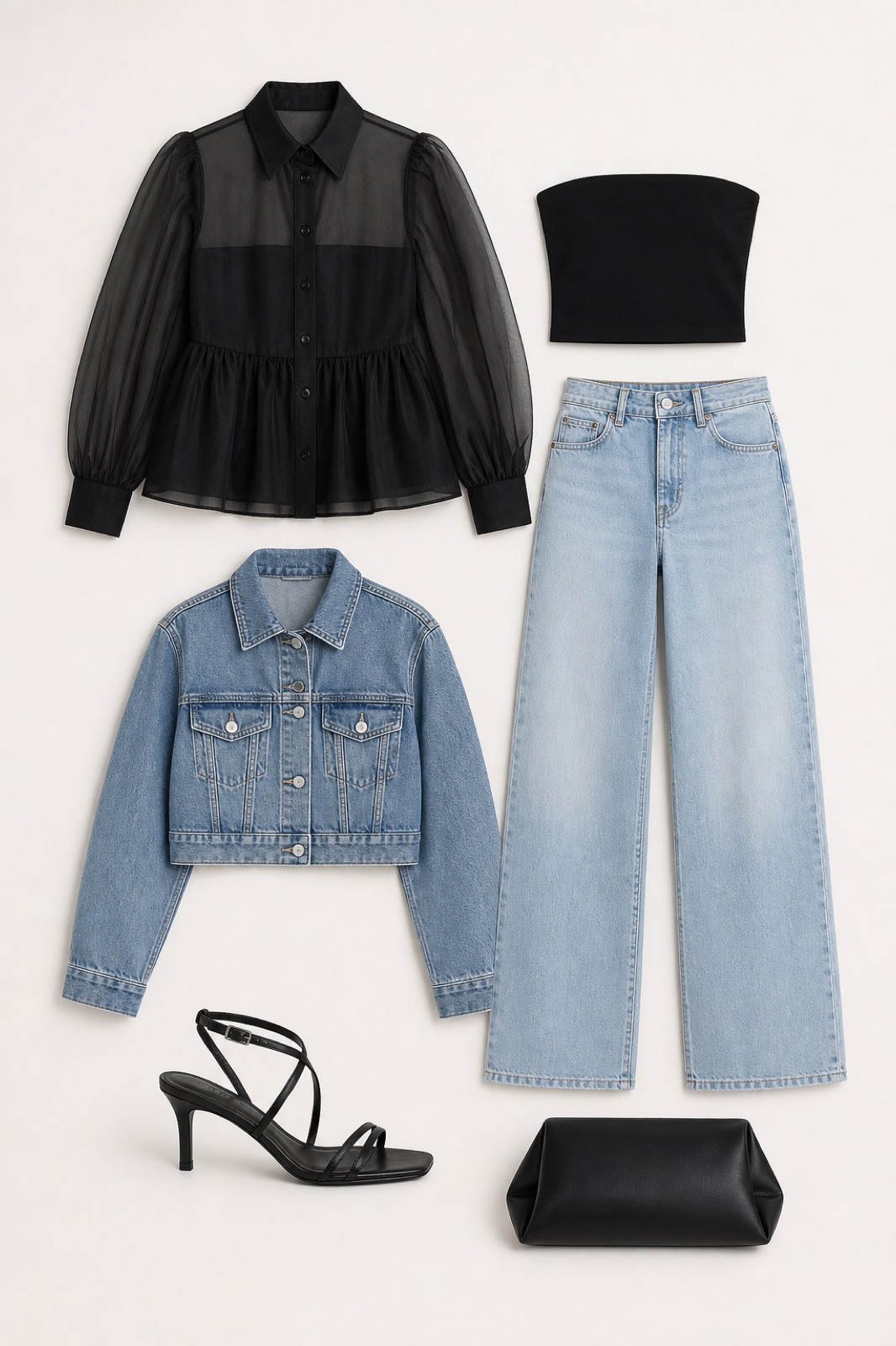 Outfit with Black Peplum Organza Shirt, Light blue black strapless crop top with light wash wide-leg jeans, Cropped Denim Jacket curated by @dopasnap