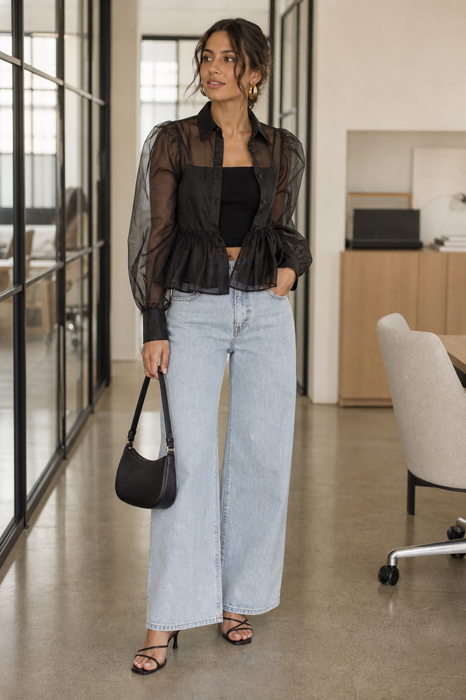 Outfit with Black Peplum Organza Shirt, Light blue black strapless crop top with light wash wide-leg jeans, Black strappy leather heel sandals curated by @dopasnap