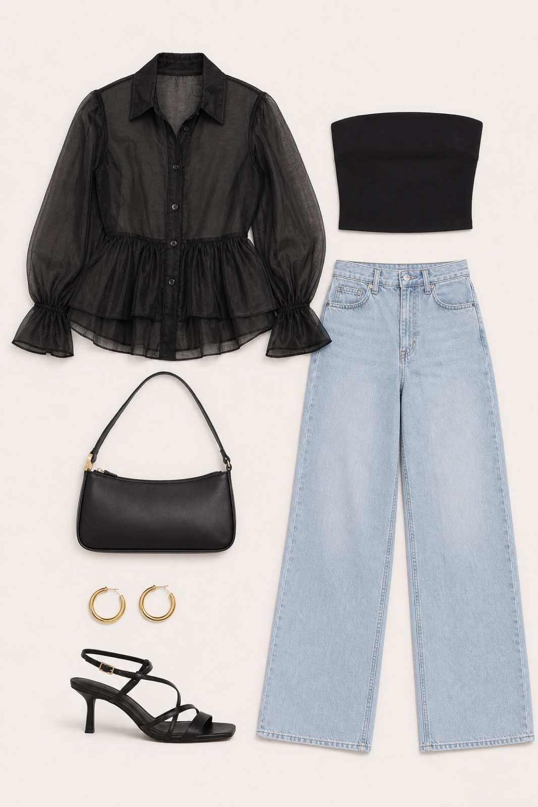 Outfit with Black Peplum Organza Shirt, Light blue black strapless crop top with light wash wide-leg jeans, Black strappy leather heel sandals curated by @dopasnap