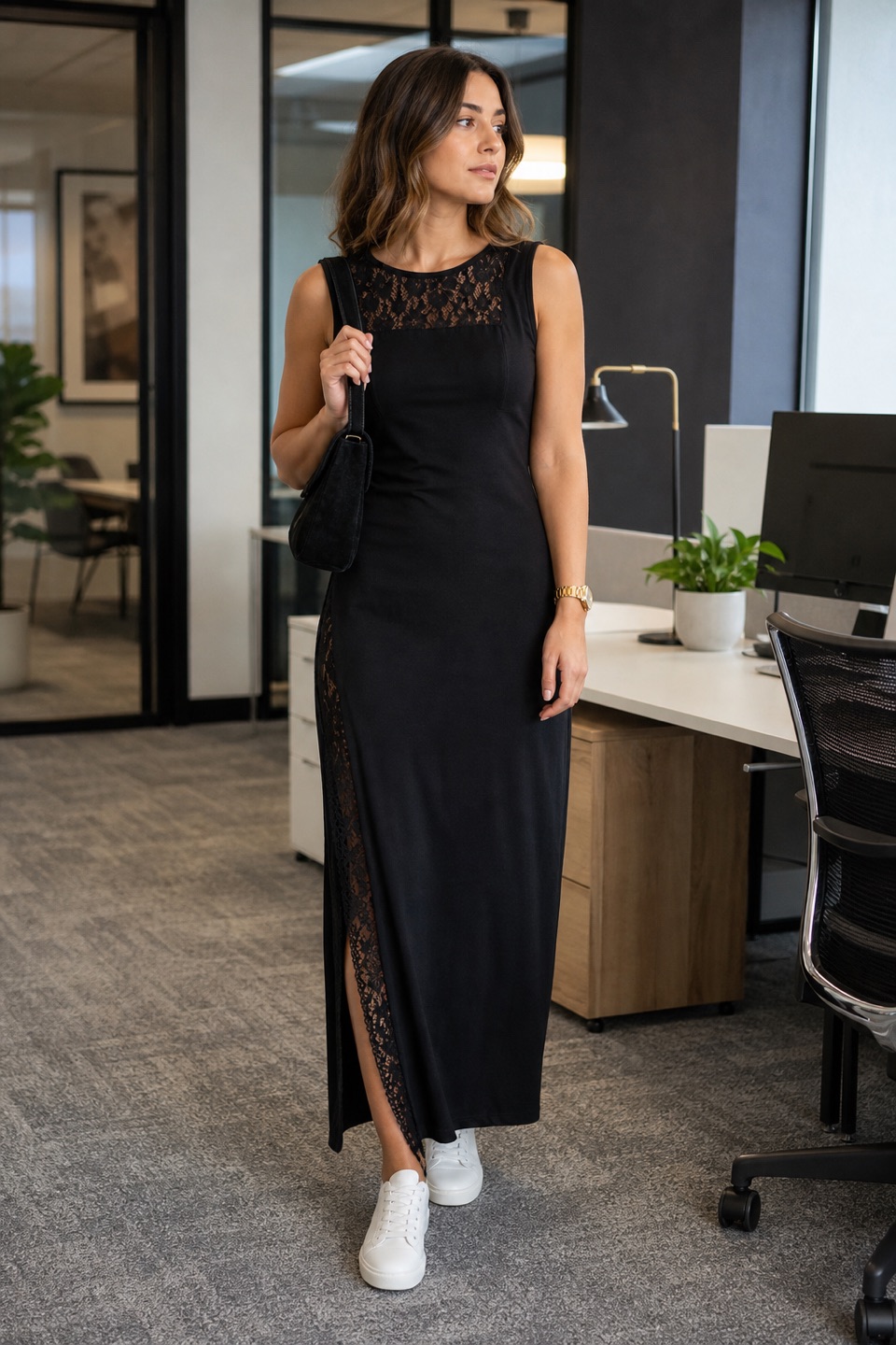 Outfit with black lace-panel slit maxi dress, White leather low-top sneakers, Black Suede Shoulder Bag curated by @dopasnap