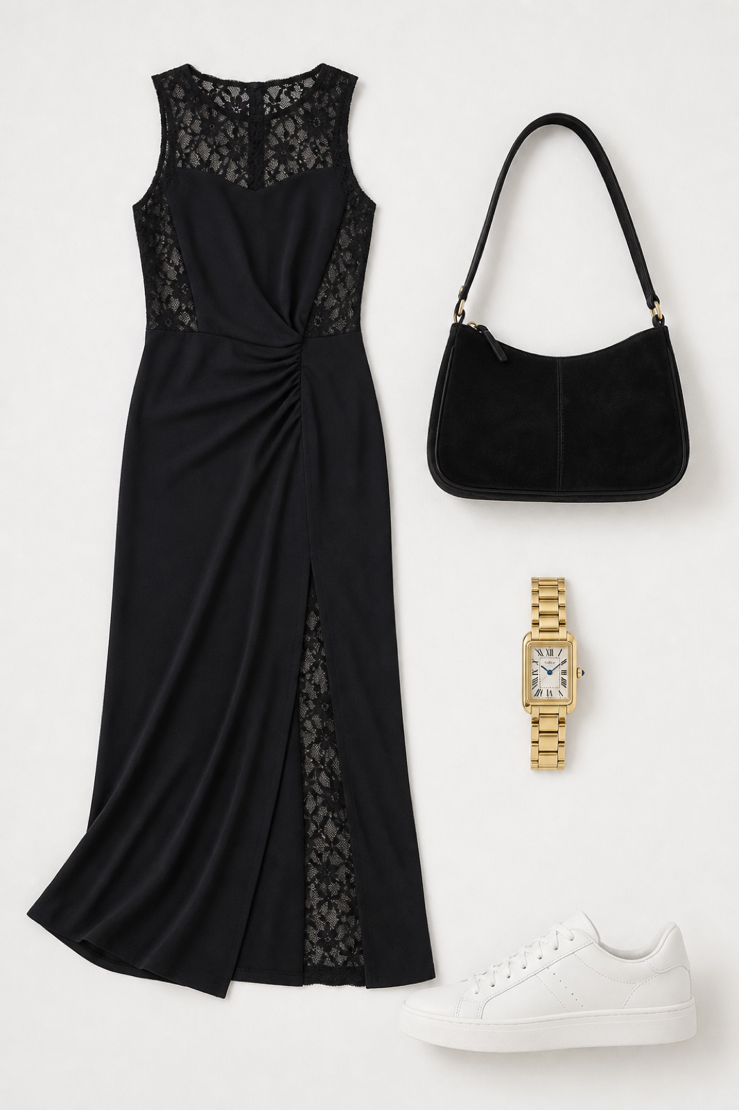 Outfit with black lace-panel slit maxi dress, White leather low-top sneakers, Black Suede Shoulder Bag curated by @dopasnap