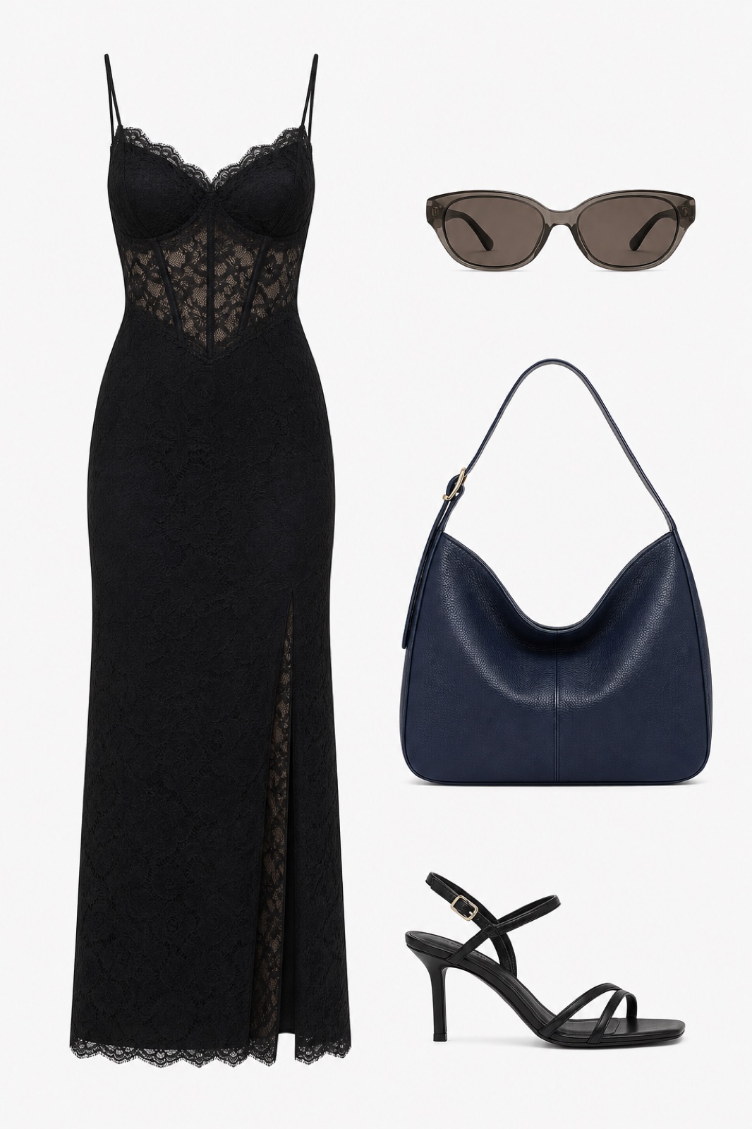 Outfit with black lace-panel slit maxi dress, Black strappy leather heel sandals, Navy Hobo Shoulder Bag curated by @dopasnap