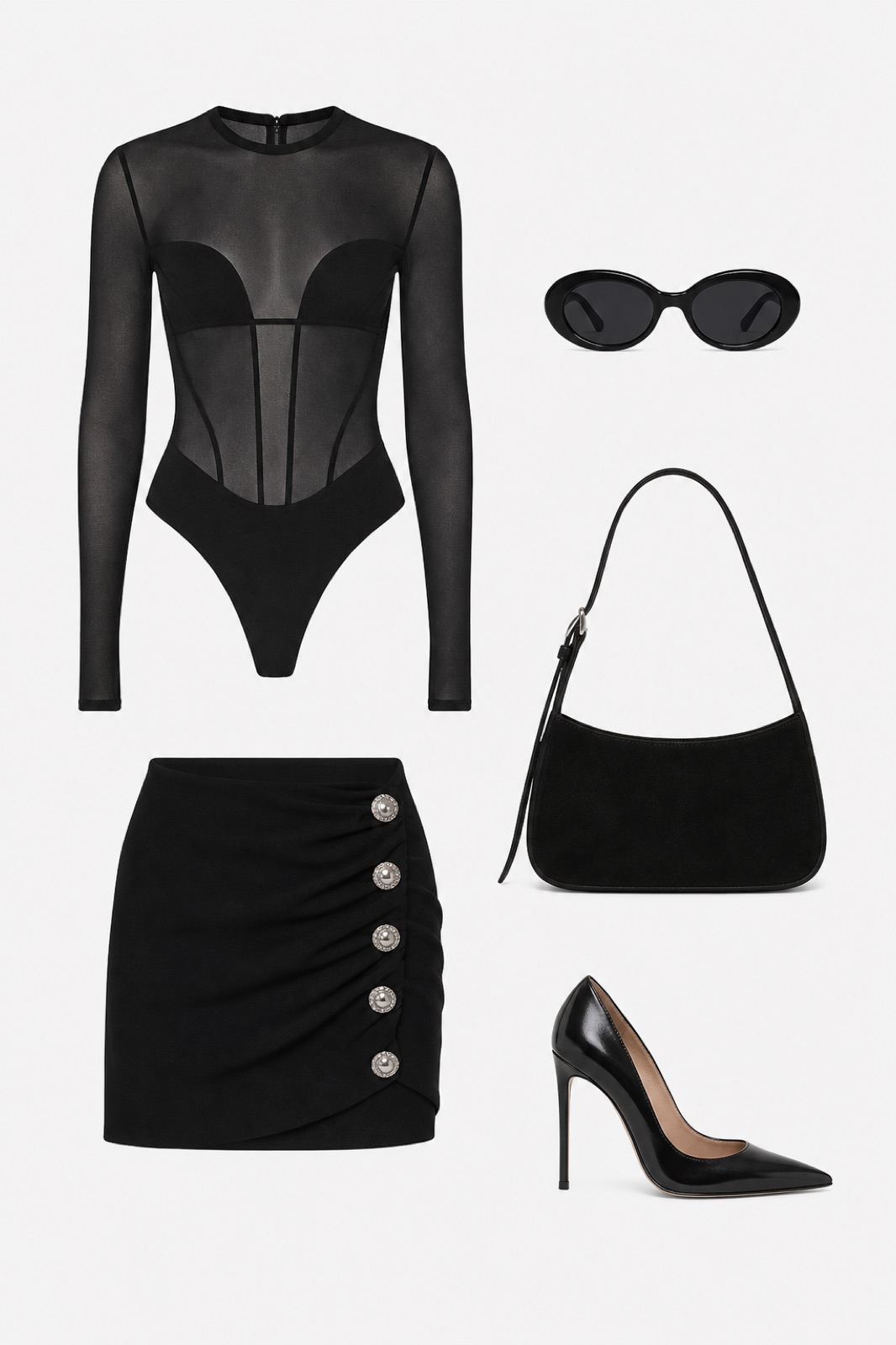 Outfit with Black Mesh Bodysuit, Black Button-Detail Skirt, Black Metallic Stiletto Pumps curated by @dopasnapNY