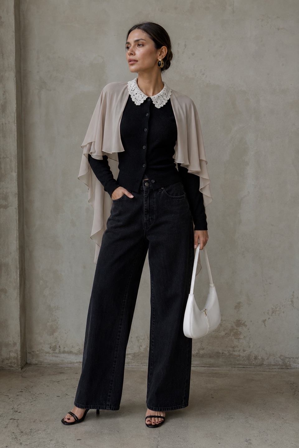 Outfit with Black Lace-Collar Blouse, Black Wide-Leg Jeans, Black Strappy Heeled Sandals curated by @dopasnap