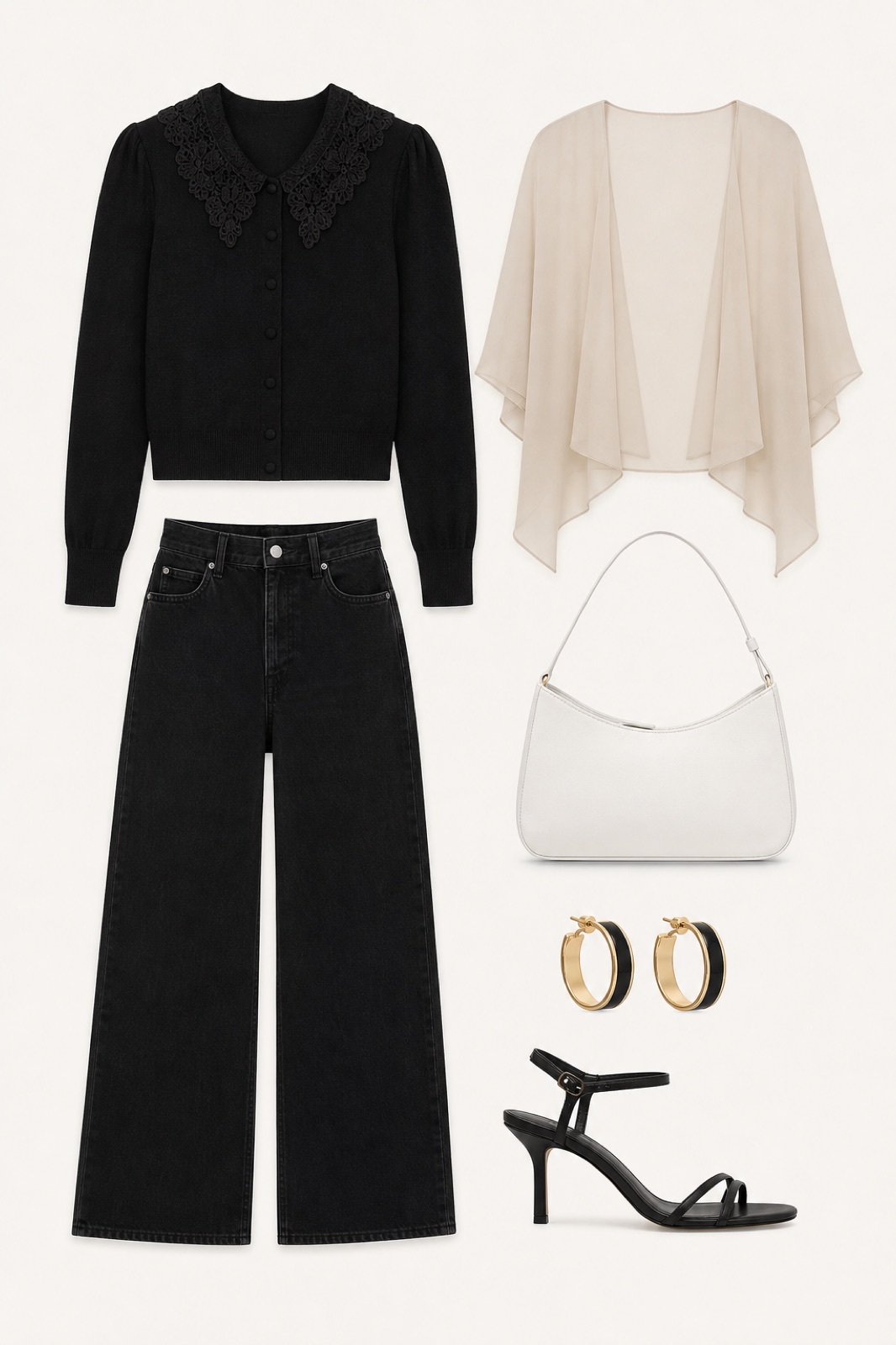Outfit with Black Lace-Collar Blouse, Black Wide-Leg Jeans, Black Strappy Heeled Sandals curated by @dopasnap