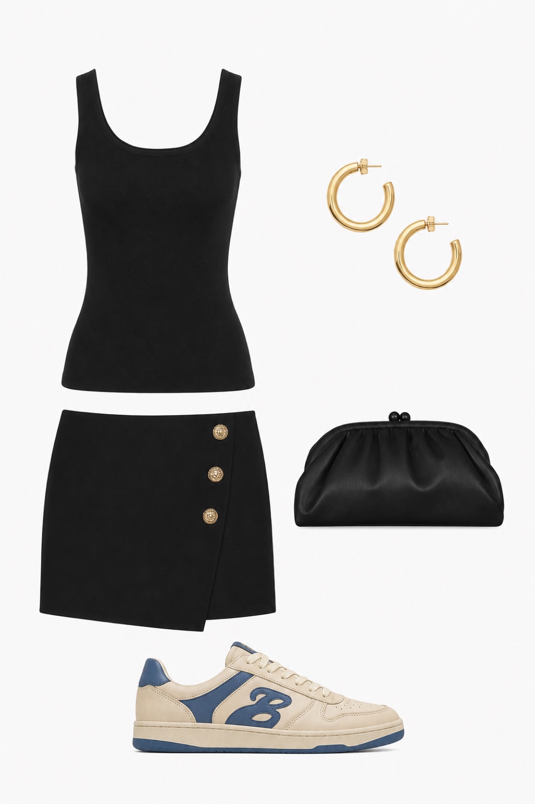 Outfit with Black Tank Top, Black Decorative Button Skirt, Beige and blue leather low-top sneaker curated by @dopasnap